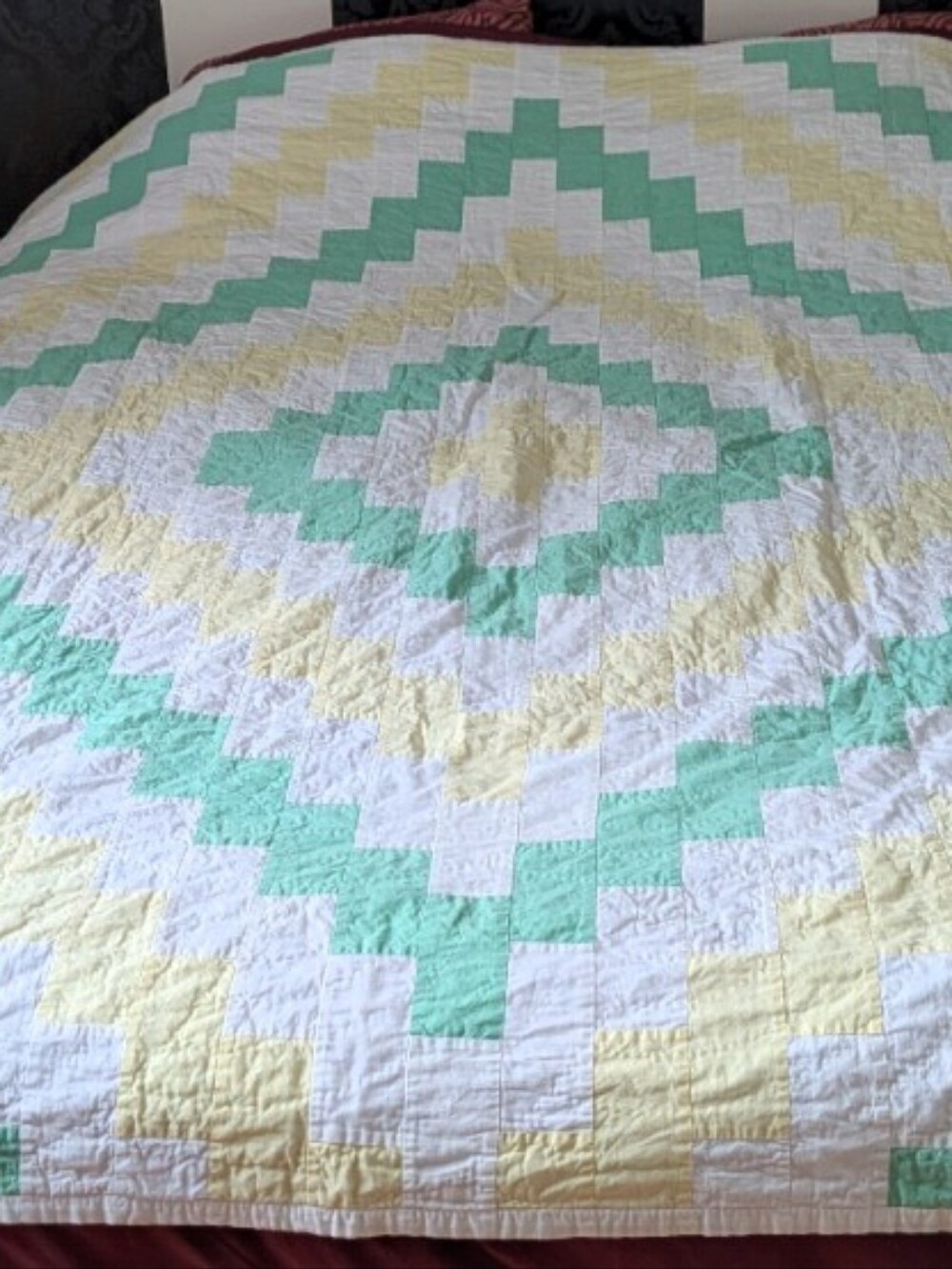 VINTAGE Handmade White Green Yellow Geometric Quilt Full Size